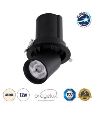 GLOBOSTAR® VIRGO-M 60308 Χωνευτό Κινούμενο Downlight Σποτ LED 12W 1560lm 36° AC 220-240V IP20 Φυσικό Λευκό 4500K - Bridgelux COB Chip & TÜV SÜD Driver - Μαύρο Ματ - Μ11 x Π11 x Υ11.5cm - Q9.5cm - 5 Χρόνια Εγγύηση